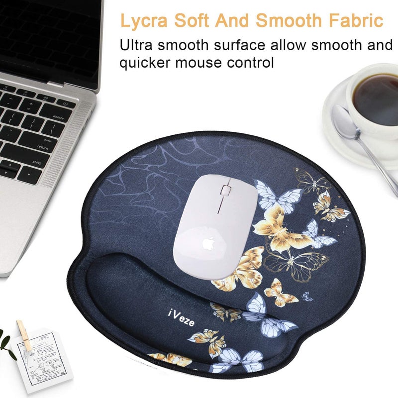 iVeze Mouse Pads with Wrist Support,Ergonomic Mouse Pad for Men Women,Wrist Rest Mouse Pad for Laptop Computers,Non Slip Memory Foam Mousepad Stitched Edges,Home Working Office Gaming,Gold Butterfly - Image 2